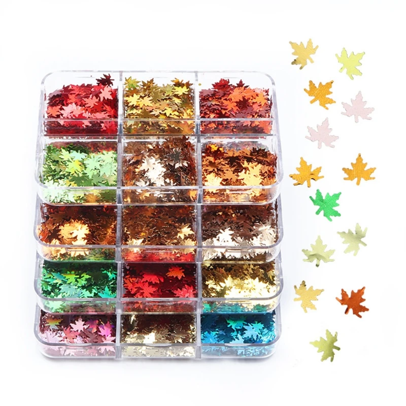 Y1UF 6 Boxed Color Sequins Leaves 2021 Fall Christmas Thanksgiving