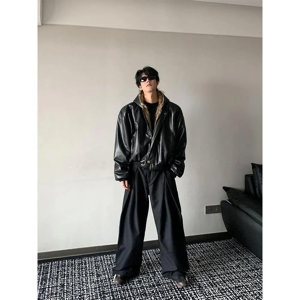 Jaket Musim Dingin Pria Premium Gaya Amerika Berkerudung, Mantel Kulit Tebal Berbulu, Kulit Imitasi Dua Sisi Terpadu, Tren Terbaru