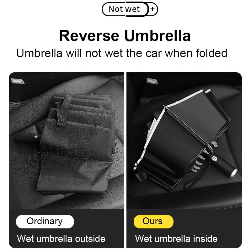 Windproof Automatic Umbrella With LED Flashlight Reflective Stripe Reverse Light Umbrellas Rain Men Women Large Folding Parasol