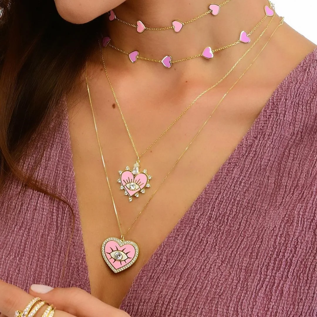 LOVE Heart Shape Carve White Evil Eye Cz Pendant Necklacez for Women Paved Pink Blue Enamel  Gold Plated Color Fashion Jewelry