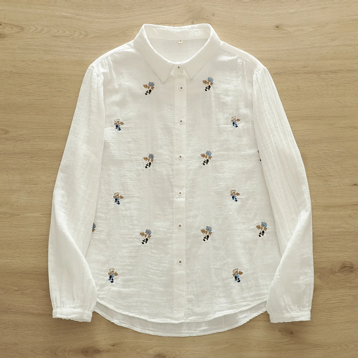 Japanese Sweet Mori Girl Flower Embroidery Double Layer Cotton Shirts Women Spring Turn Down Collar Long Sleeve Casual Blouse