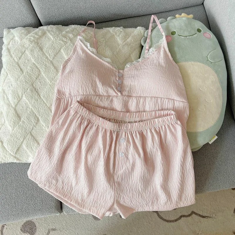 Summer Pure Cotton Sleepwear Set Women's Home Clothes with Chest Pad Sexy Cute Large Size Short Sleeve V-Neck Striped Pattern