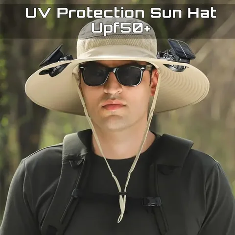 2026 Solar Fan Wide Brim Fishing Hat - UPF 50+ Sun Protection, Dual Solar Fans, Ideal for Men and Women,For Boyfriend Gift, Fish