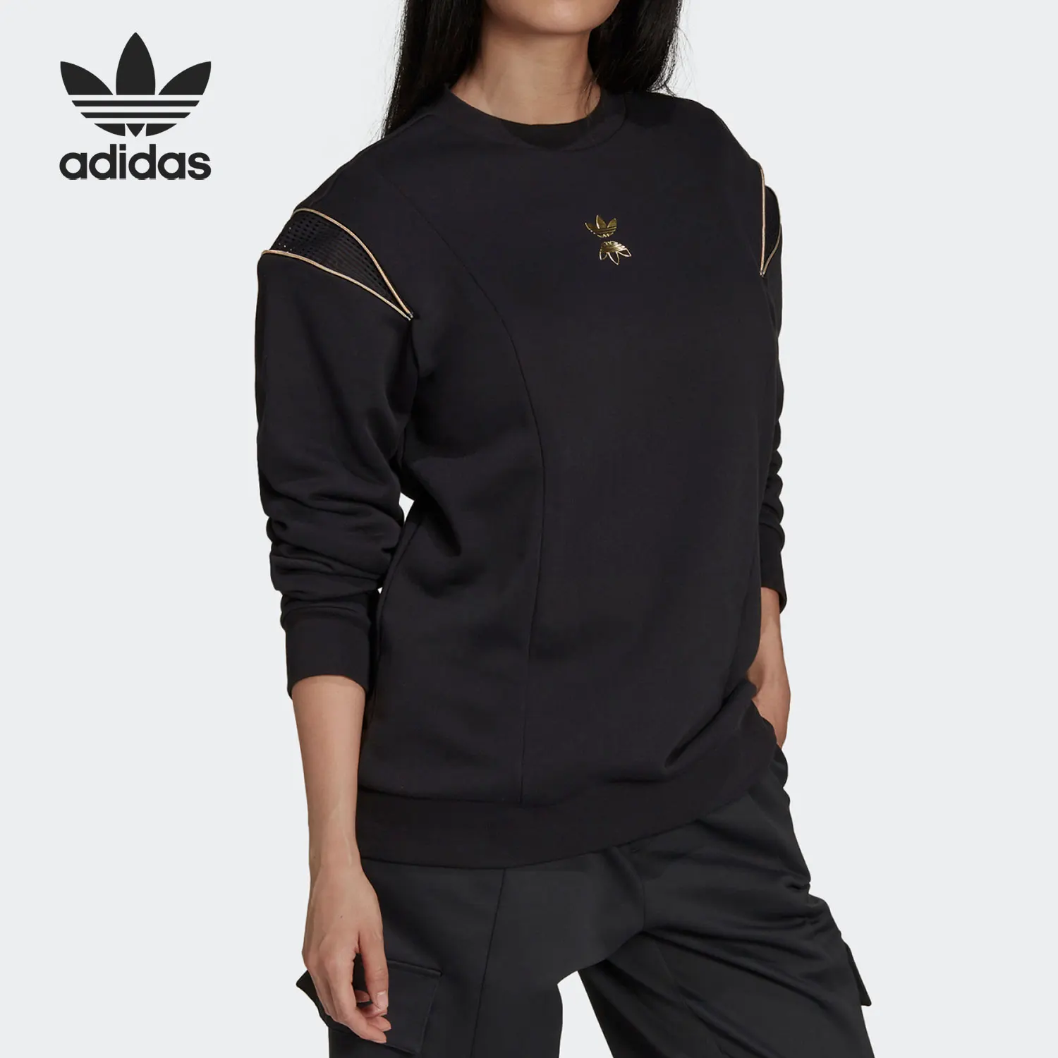 أديداس الرسمية حقيقية ثلاثة المشارب المرأة الكتف سستة فضفاضة جولة الرقبة البلوز HG6680