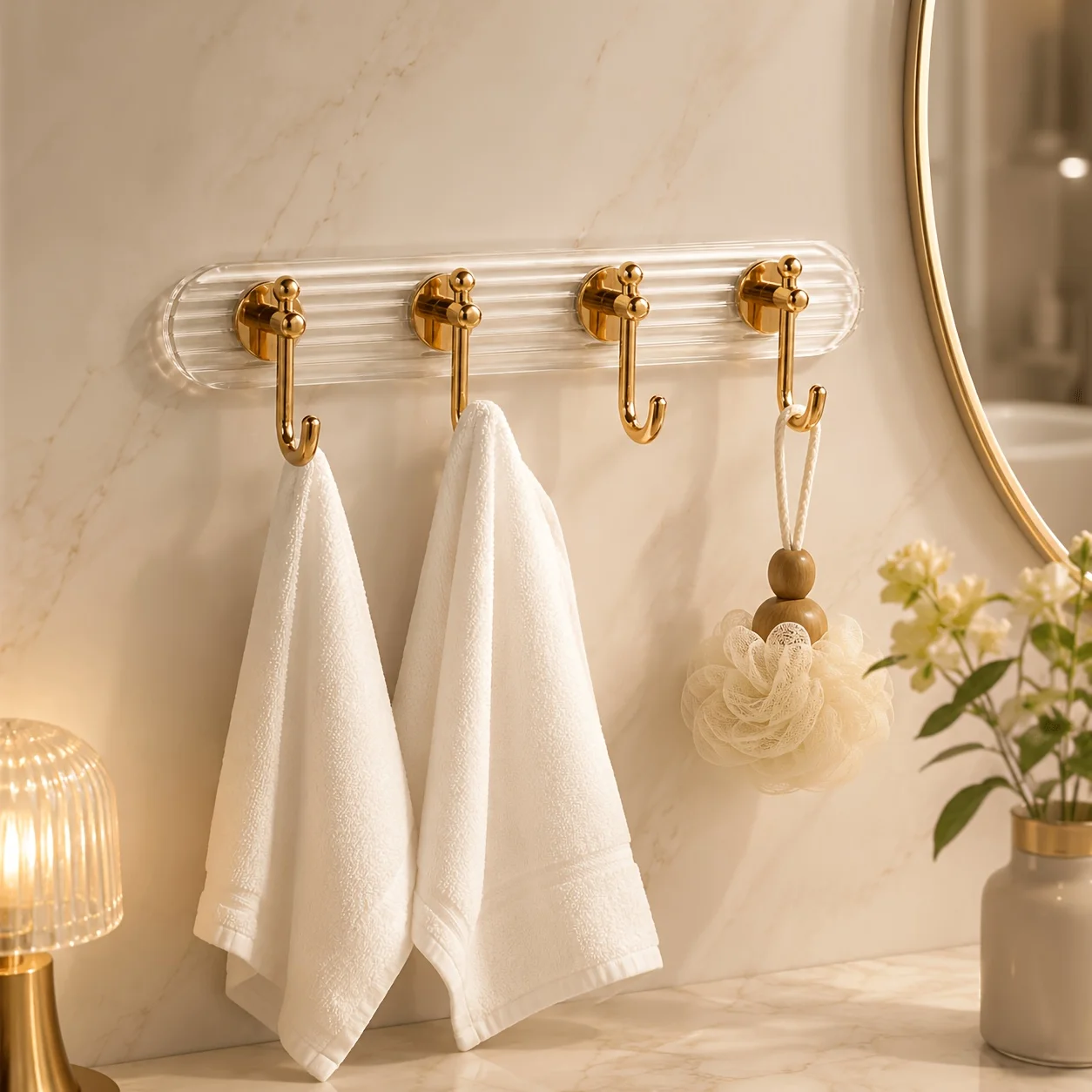 No-Drill Adhesive Wall-Mounted Hook, Acrylic Rose Golden Towel And Clothing Rack, Transparent Base Design, Suitable for Bathroom