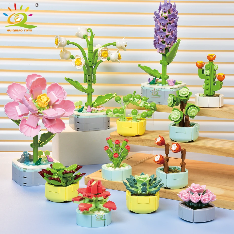 HUIQIBAO MOC Flower Succulents Building Blocks Everlasting Flowerpot Bonsai Gardens Romantic Bricks DIY Potted Plants Model Kids