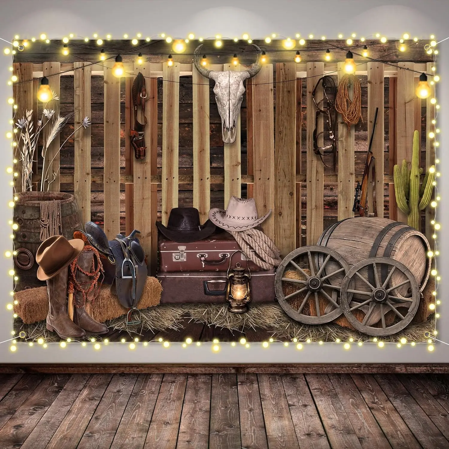 Western Cowboy Backdrop 7x5ft,Western Cowboy Party Decorations Banner Wild West Rodeo Decor Rustic Wooden House Barn Background