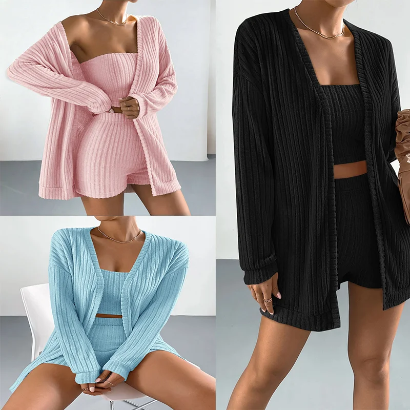 

Women's Long Sleeve Fleece Pit Stripe Sleepwear Three-Piece Set with Strapless Top And Shorts Outerwear Comfortable Home Clothes