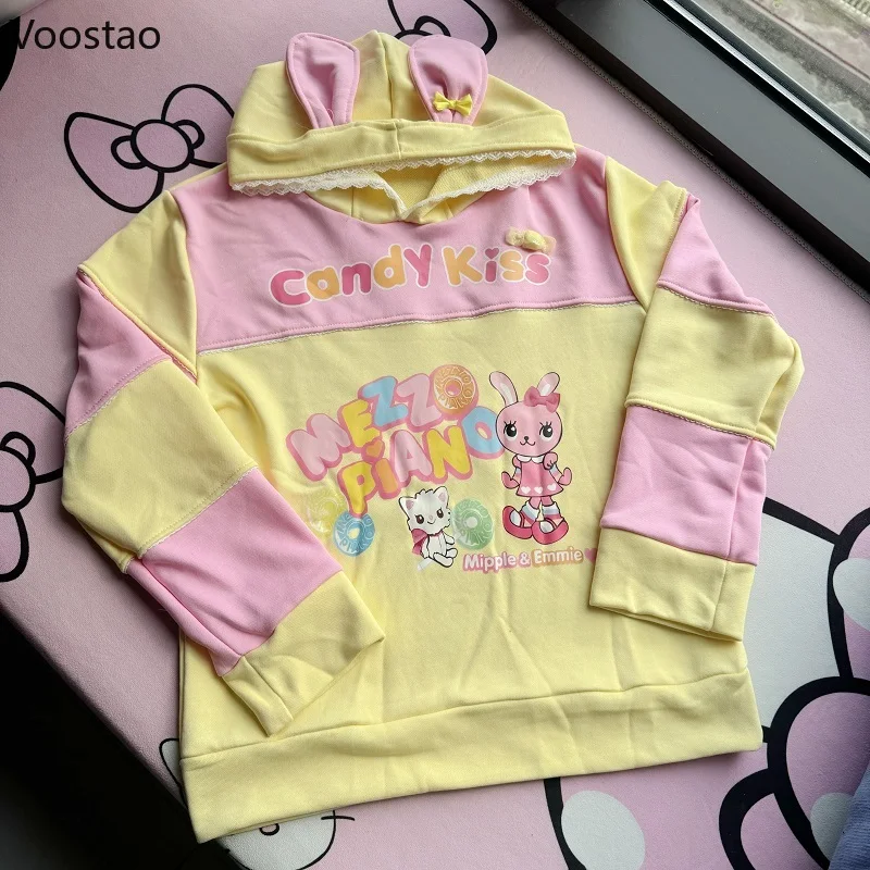 Japanese Kawaii Lolita Hoodies Women Cute Cartoon Print Bunny Ear Loose Hooded Sweatshirts Y2k Aesthetic Casual Harajuku Tops