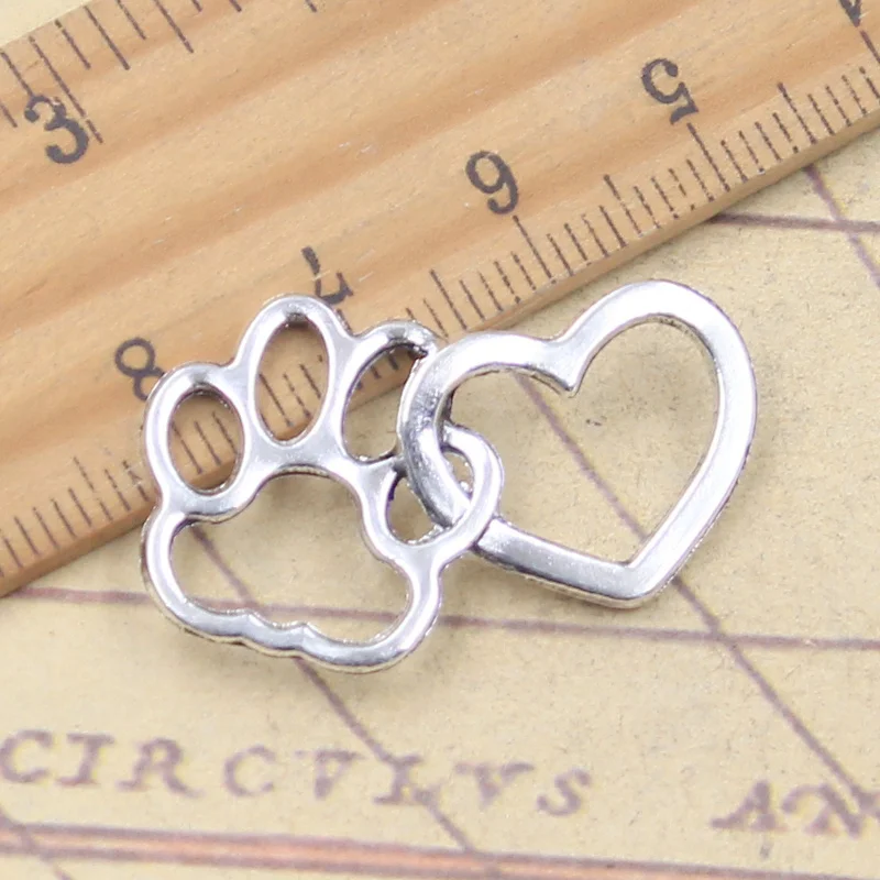 10 pçs encantos cão garra gato pata coração 20x30mm antigo prata cor pingentes tibetano fazendo diy artesanato jóias