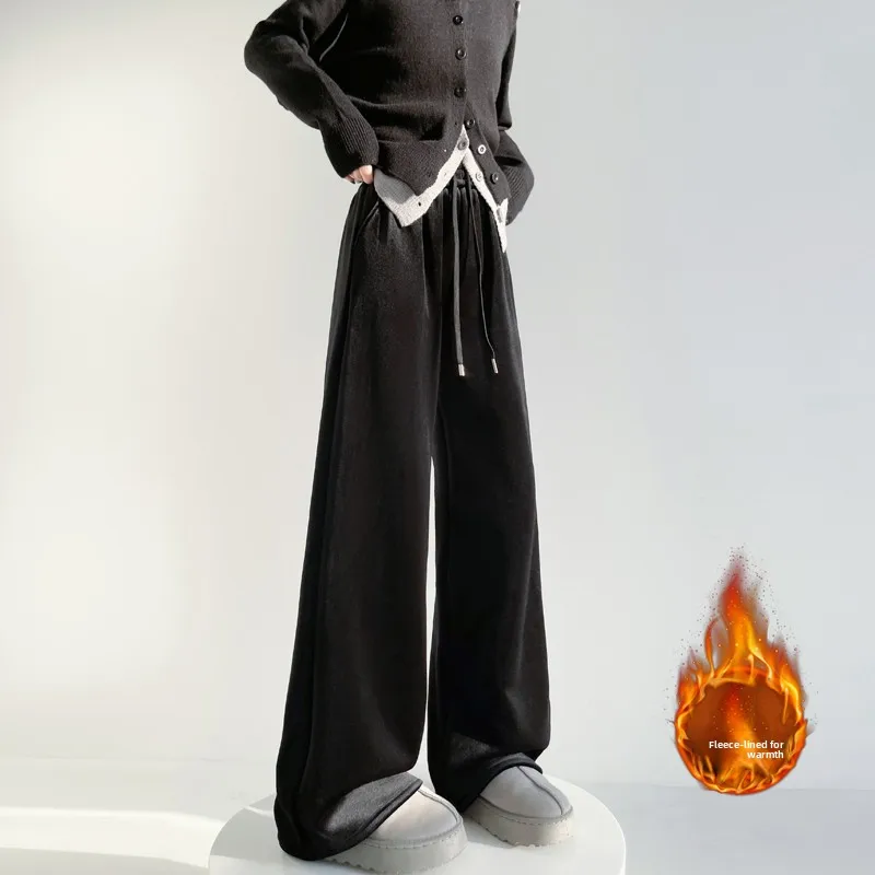 2025 outono inverno novo sle fce forrado thi bla veludo dstring calças de perna larga calças casuais versátil calças compridas