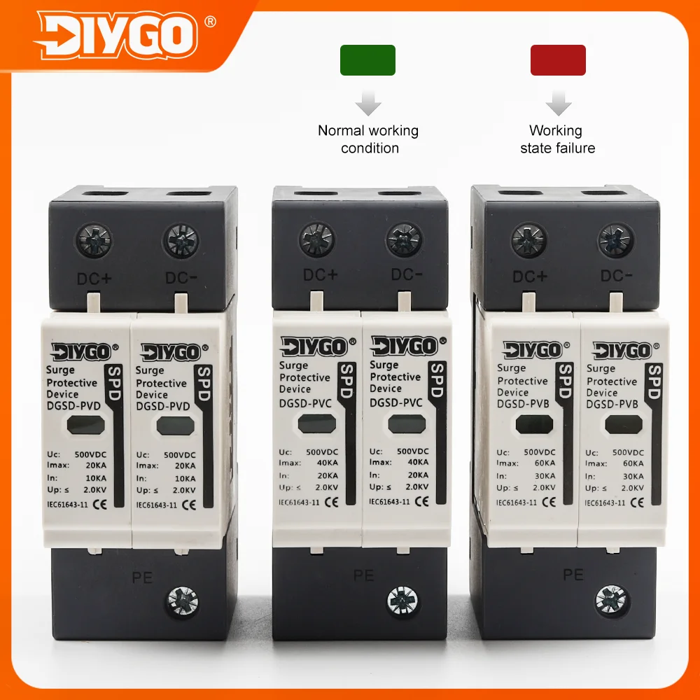 DIY GO 2P DC SPD Surge Protector Solar PV Surge Protective Device DIN Rail Photovoltaic Lightning Arrester Surge Protection
