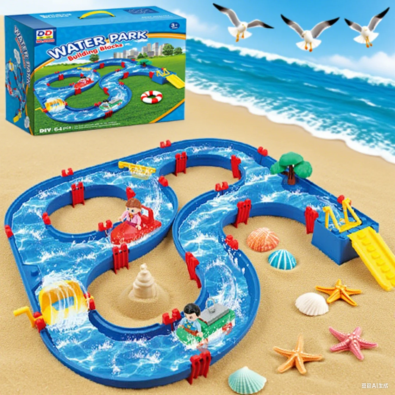 مجموعة لعب الممرات المائية للأطفال مكونة من 50 قطعة من لعبة الشاطئ في الفناء الخلفي والحديقة وحمام السباحة - لعبة مائية مع قاربين، متعة الصيف في الهواء الطلق، للأطفال الصغار والأولاد والبنات. #4