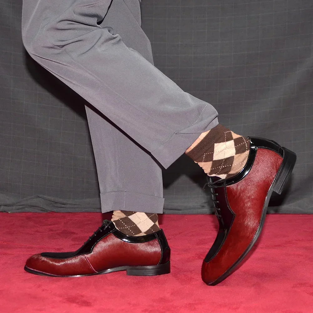 Luxury Designer Italian Men\'s Genuine Leather Maroon Horsehair Dress Shoes for Social Wedding Party Evening Man Suit Oxfords