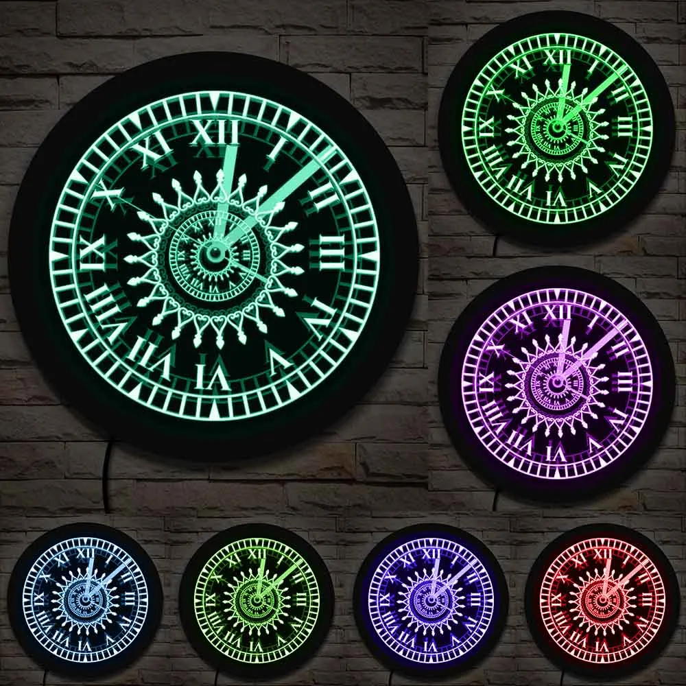 ماندالا زهرة تصميم غرفة المعيشة جدار ديكور LED النيون مضاءة ثلاثية الأبعاد ساعة حائط مع الأرقام الرومانية نمط هندسي الروحي