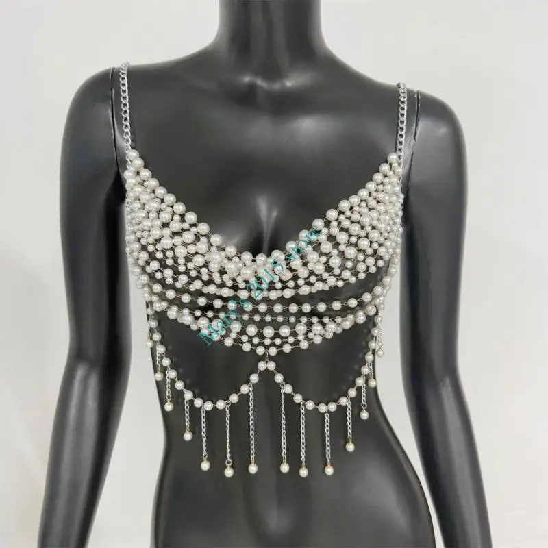 

E15F Trendy Plastic Pearls Layered Chest Chain Vest Breathable Adjustable Body Chain Women’s Casual Wear And Party Accessory