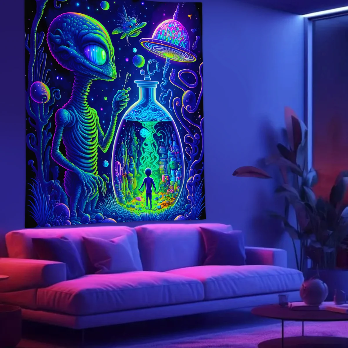 1pc Fluorescent alien tapestry, UV black light tapestry, fantasy UFO space room living room decoration wall hanging