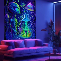1pc Fluorescent alien tapestry, UV black light tapestry, fantasy UFO space room living room decoration wall hanging