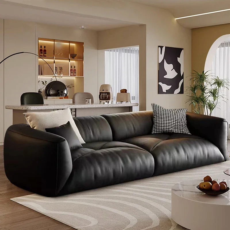 Nordic retro black straight-row sofa modern simple light luxury sofa minimalist wabi silent wind silicone leather designer