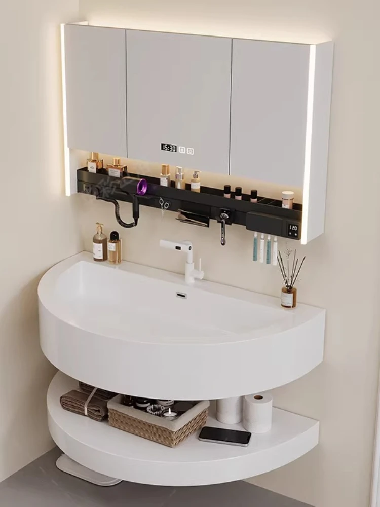 

Полукруглый кремовый шкаф для ванной комнаты с интегрированной раковиной, унитазом и тумбой для умывальника в комплекте