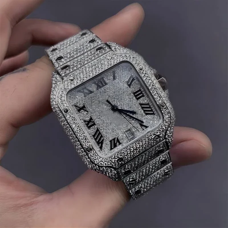 2pcs Set Luxury Diamond Men\'s Watches Business Stainless Steel Quartz Wristwatch Male Casual Silver Bracelet Wrist Watch