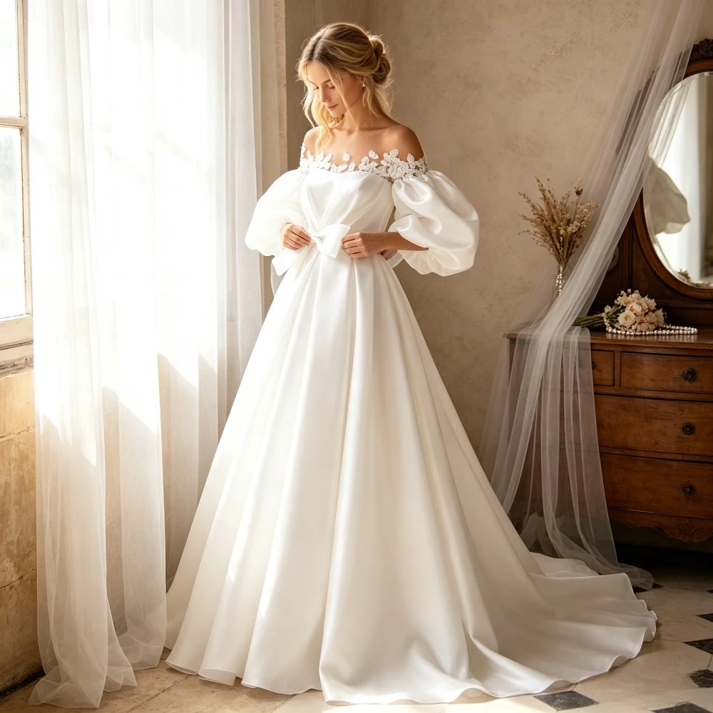 Customized Elegant Off Shoulder Satin Strapless Wedding Dresses 2026 New Classic Fluffy Sleeve Ruffle Bow Elegant Bridal Gown