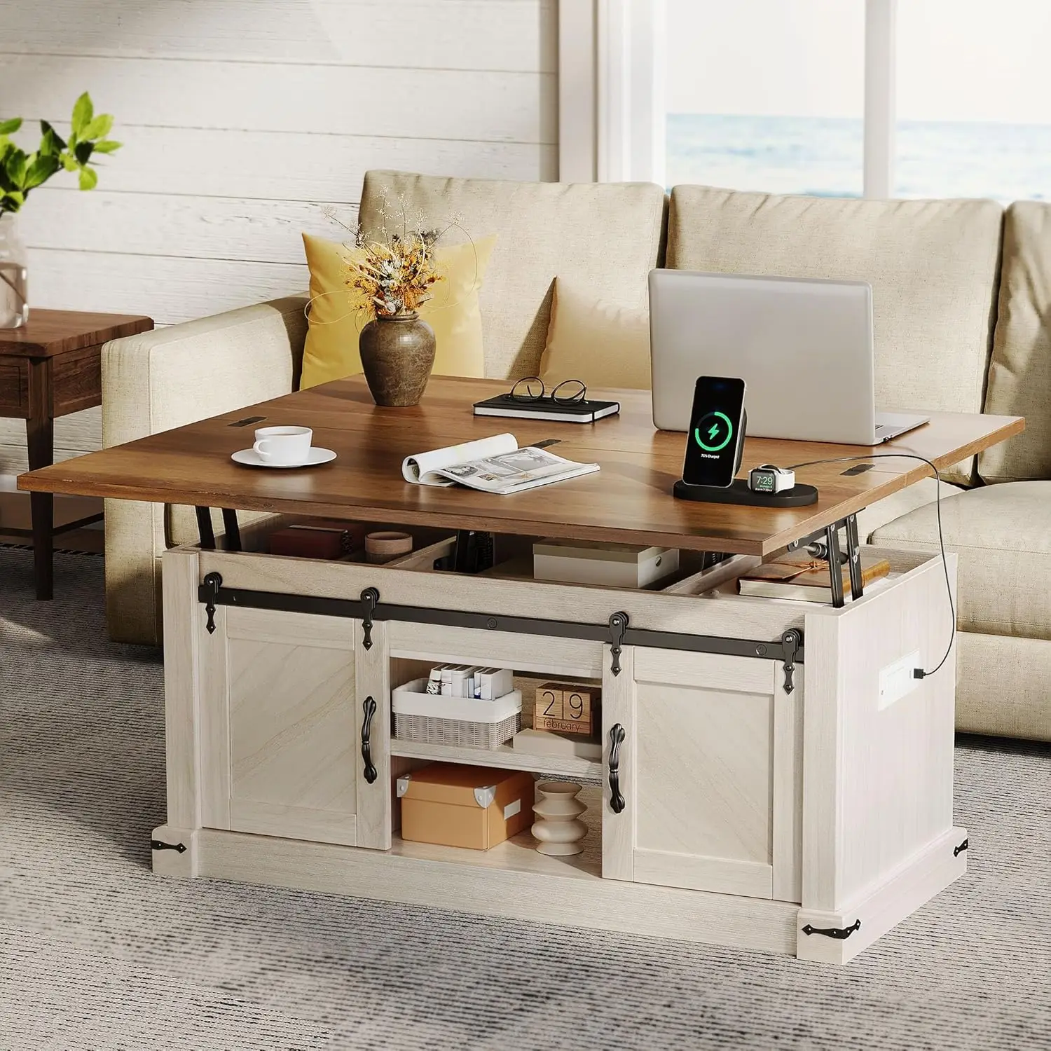 

Lift Top Coffee Table with Storage, 4 in 1 Multi-Function Rectangle Center Table with Charging Station&USB Port, Customized