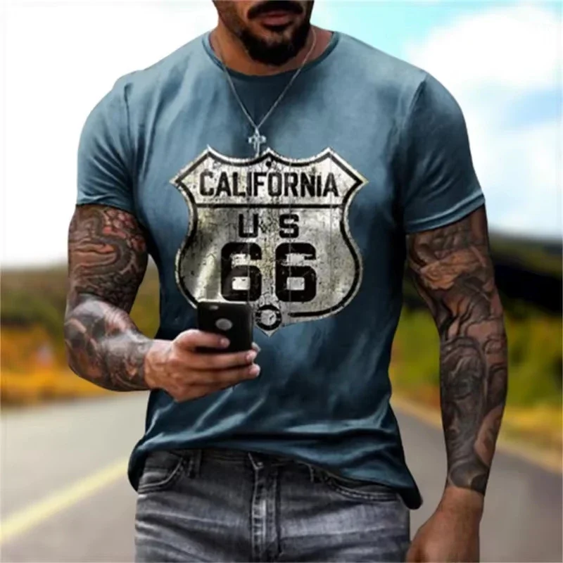 

Newest Summer Mens Clothes Man 3d Printed Fashion Retro Short Sleeve Top Route 66 T Shirt Men Streetwear Short Sleeve T Shirt