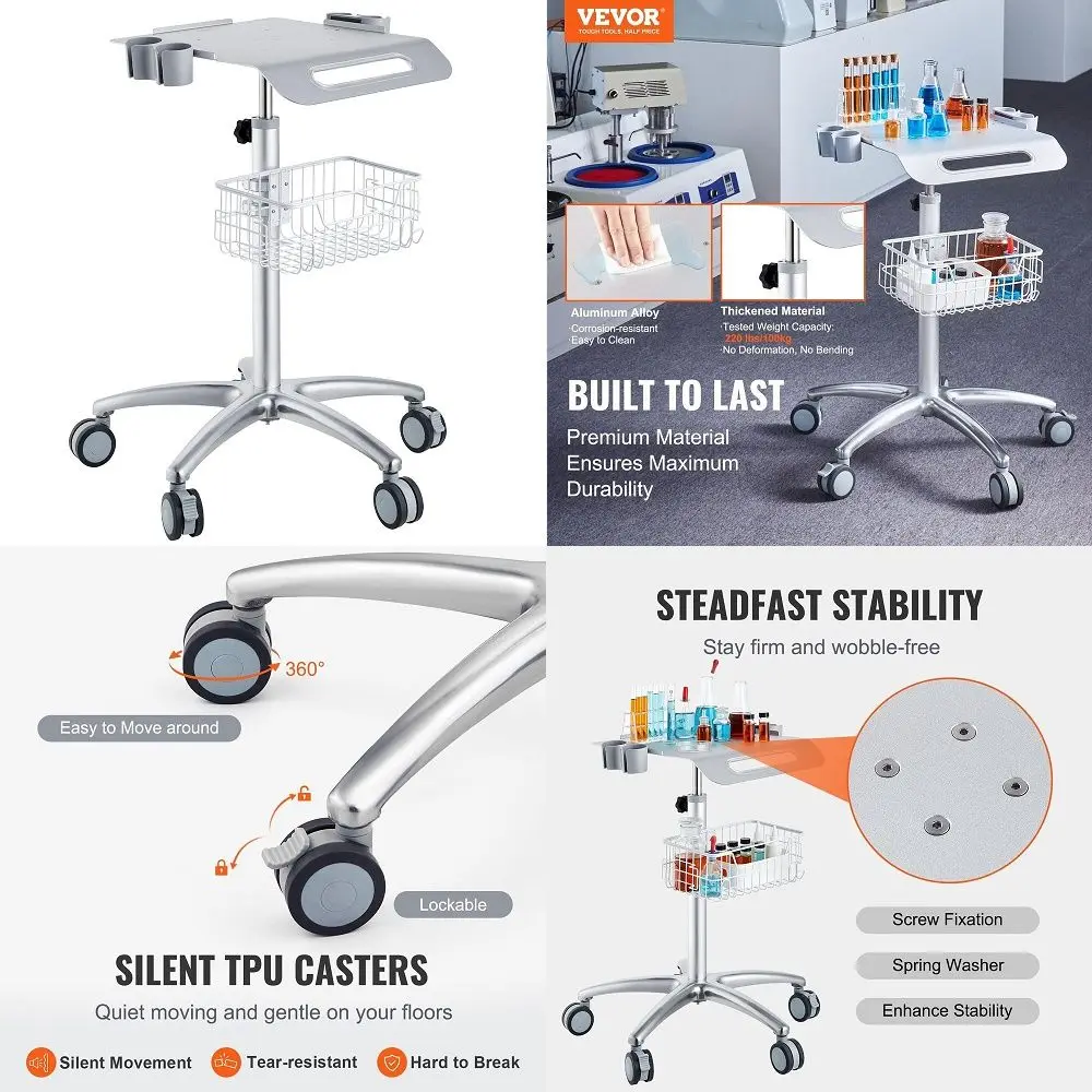

Medical Trolley with Wheels Height Adjustable Gas Lift, Stainless Steel Rolling Laptop Cart with Storage Basket, 1917 Large Tab