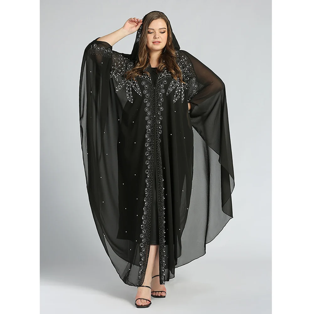 

Plus Size Muslim Kaftan Abaya Dress Kimono Women Dubai Open Turkish Chiffon Hooded Dress Elegant African Boubou Moroccan Caftan