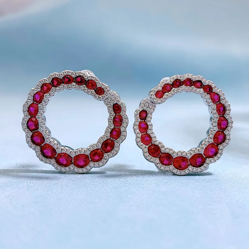 

Spring Qiaoer 925 Sterling Silver 4MM Ruby High Carbon Diamonds Gemstone 18K Gold Plated Bohemia Earrings Studs Fine Jewelry