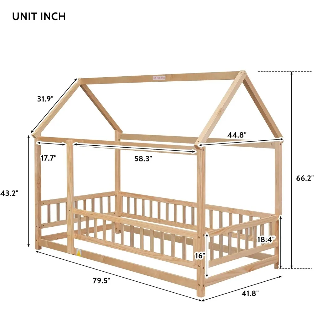 Twin Size House Floor Bed,Wooden Montessori Bed with Fence and Roof for Kids,Playhouse Twin Bed Frame for Girls