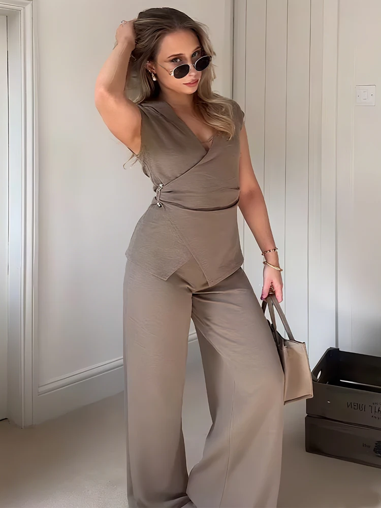 MUJER 2025 Baggy broek set 2-delige vrouw zomer wijde pijpen broek damespak gebreide mouwloze top vrouw outfit casual dame sets - afbeelding 2