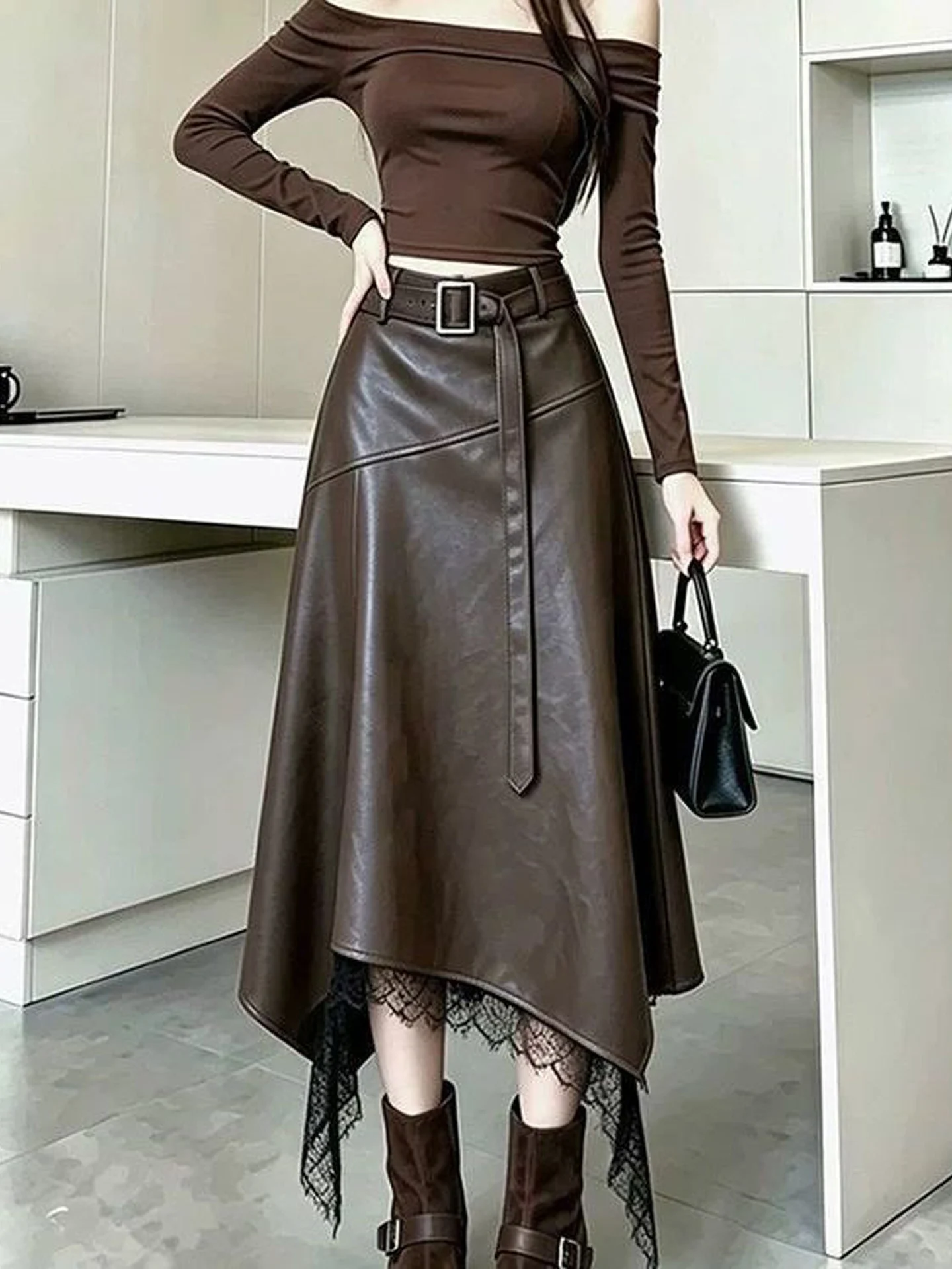 High Waist A-Line Midi Skirt with Lace Splicing Design American Style PU Leather Half-length Women's Fashionable Vintage Skirt