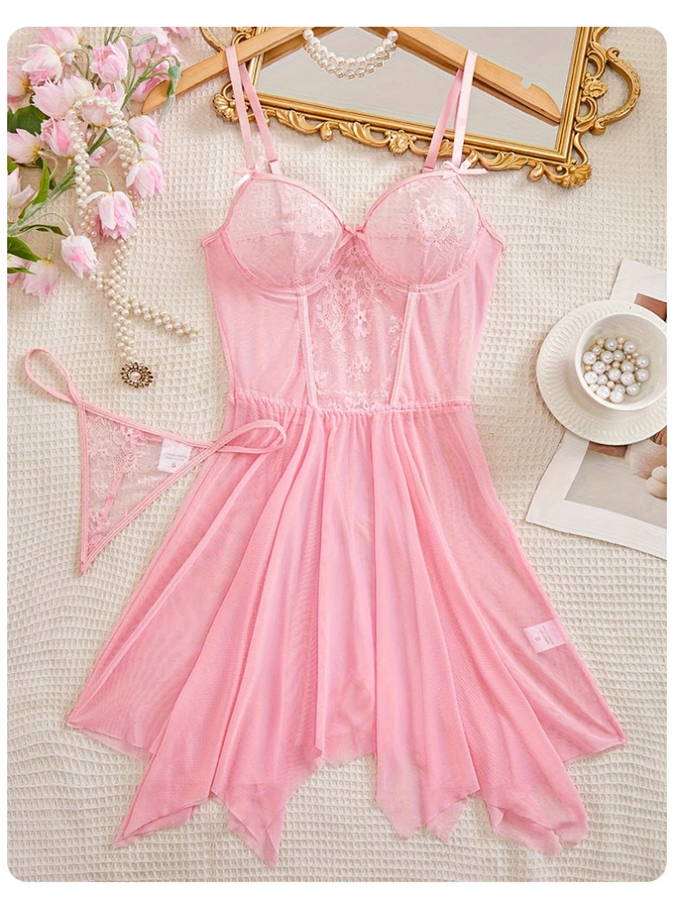 

Fresh girl style 18+ women's erotic lingerie camisole dress nightgown passionate sexy lace see through seductive thong set xxx