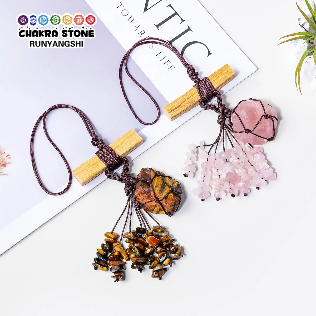 1PC Natural Raw Crystal and Palo Santo Charm with Macrame-Woven Crystal Chip Net and Tassel - Car Hanging Ornament