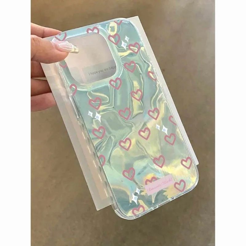 Luxury Pink Love Heart Case Compatible for IPhone 16 13 15 11 12 14 Pro Max 8 7 Plus XR XS X Max SE 2022 Pearly Bracelet Cover
