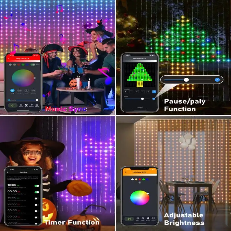 スマートアプリ制御ledカーテンライト、プログラム可能なrgbカラーチェンジストリングライト、屋内パーティー、ホリデー、クリスマス、ハロウィン用