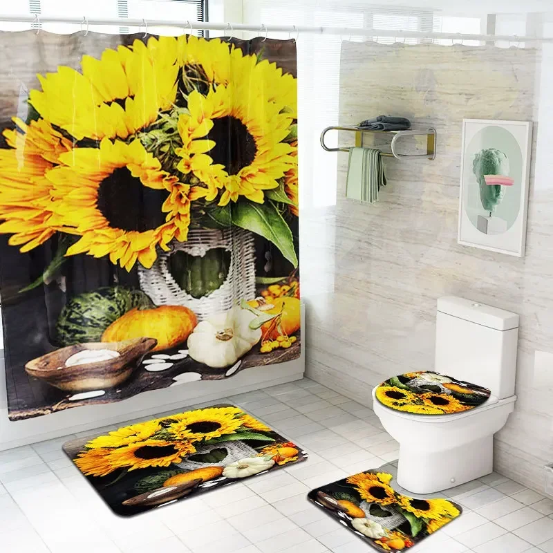 Volledig Scherm Van Zonnebloemen Patroon Douchegordijnen Set Antislip Wc Polyester Cover Mat Waterdicht Badkamergordijn