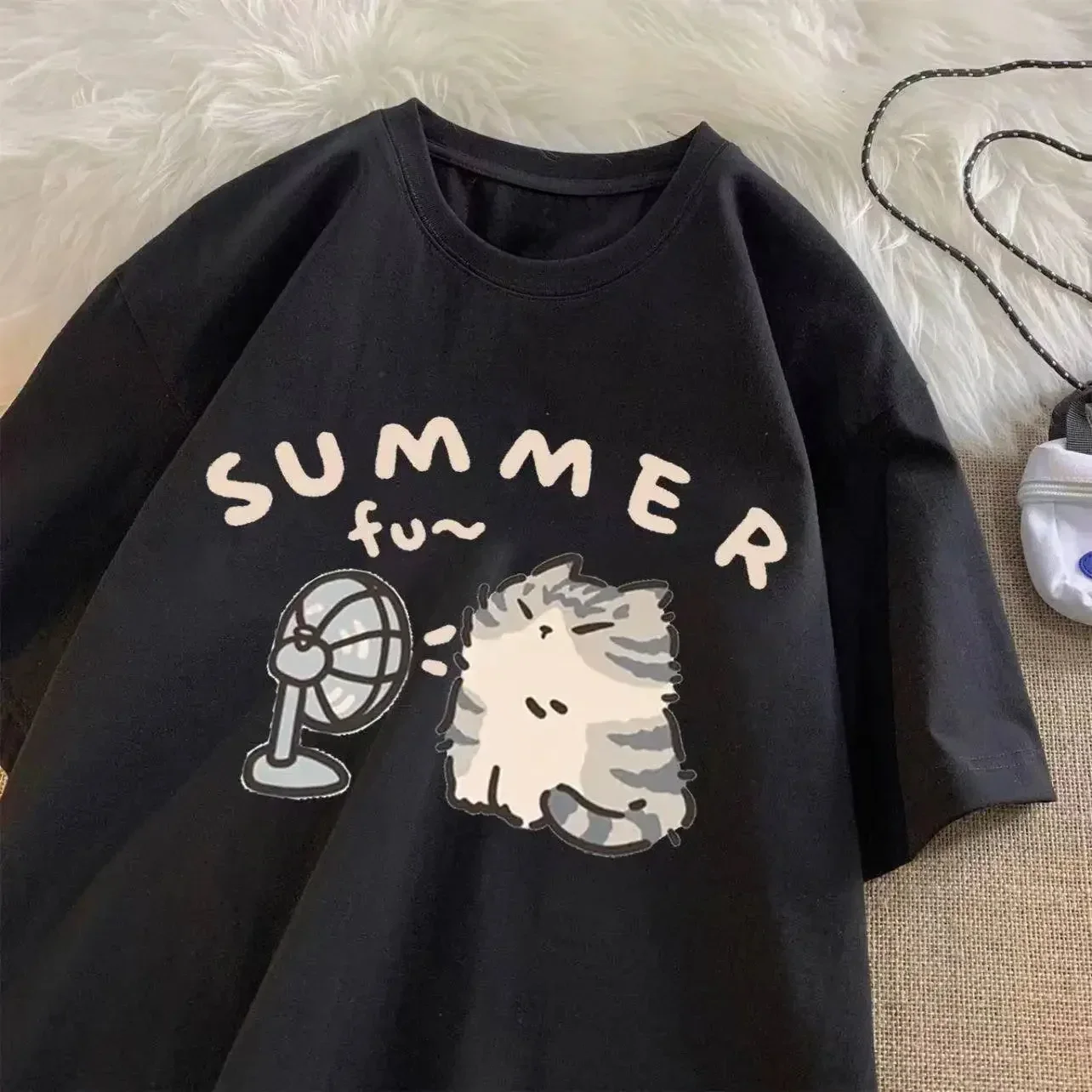 Street Creative Blow Fan Cat Pure Cotton T-shirt for Men Women Summer Relaxed Short Sleeve Couple Wear Harajuku Top Tee