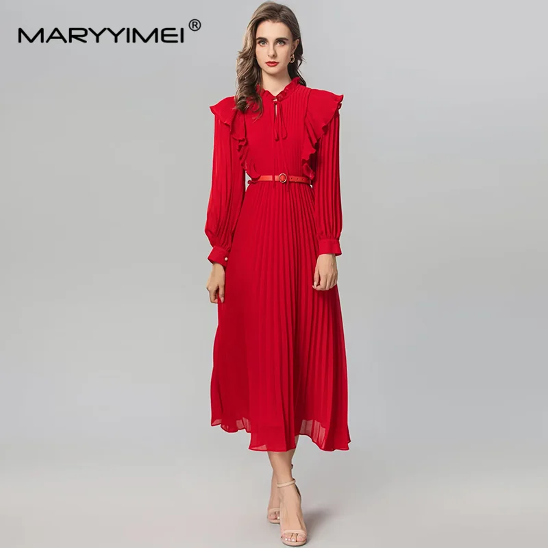 

MARYYIMEI Fashion Design Women's Dress Stand Collar Lantern Sleeved Flounced Edge Lace-Up Solid Color Pleated Dresses