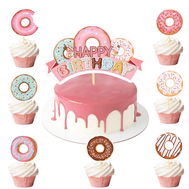 Donut Theme Birthday Cake Toppers Sweet Bar Donut Happy Birthday Cake Topper Cake Decor Baby Shower Weeding Party Supplies