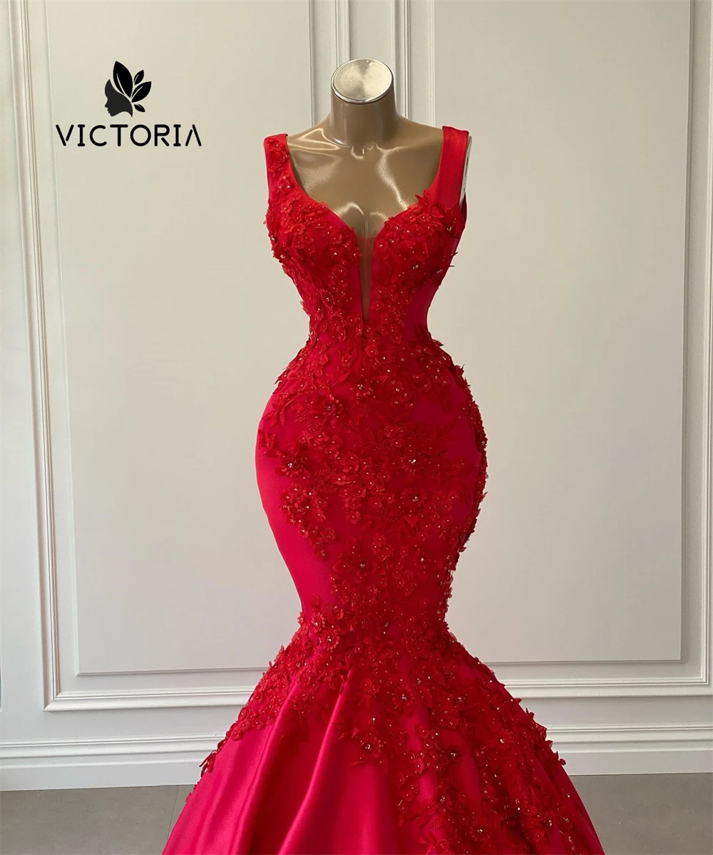 Charming Red Mermaid Evening Dresses Luxury 2025 Elegant Dubai Spaghetti Beads Applique Wedding Reception Gowns Customized