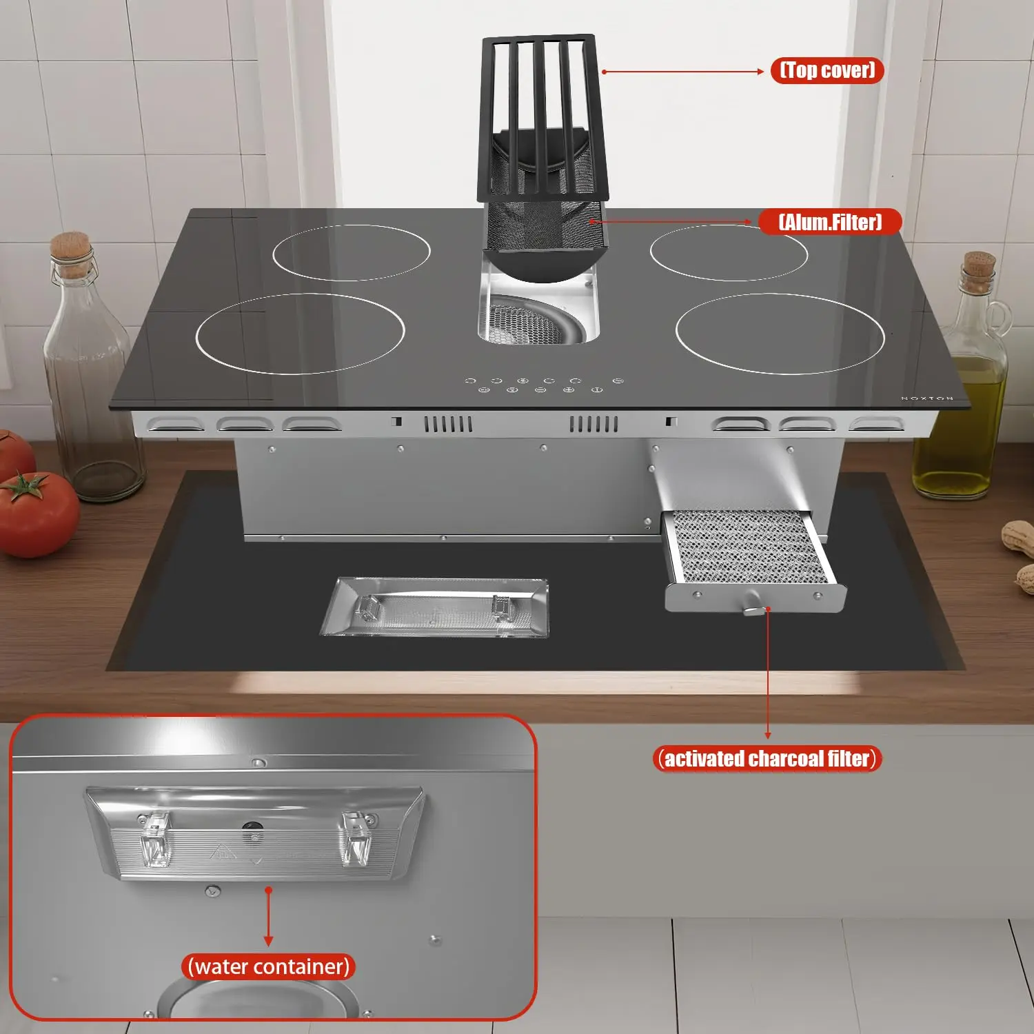 موقد كهربائي 30 بوصة مع شفاط نطاق سفلي، 4 شعلات، سلك صلب 240 فولت، 9 مستويات طاقة، مؤقت، مروحة عادم 3 سرعات