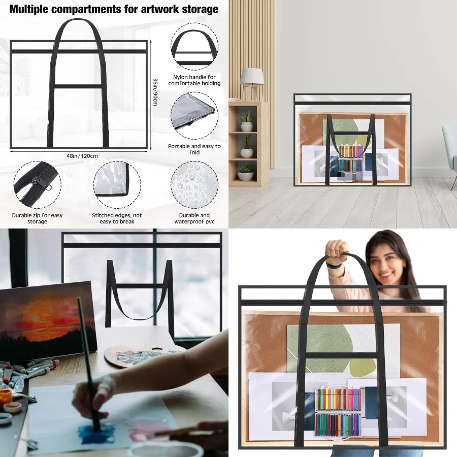Custodia grande per portafoglio artistico Borsa portaoggetti per poster 48 x 36 con materiale in PVC e manici con cerniera Design con visione chiara per insegnanti e arte