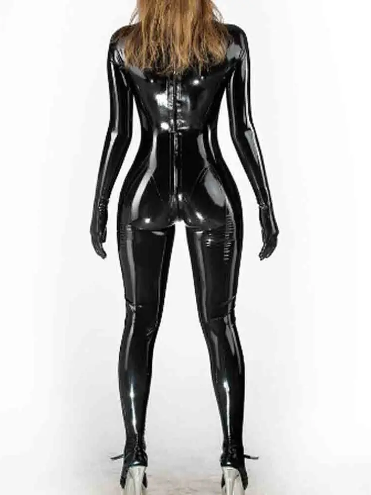 Wet Look PVC Catsuit Cosplay Shiny PU Leather Bodystocking Zipper Open Crotch Bodysuit Tights Hot Sexy Jumpsuit Clubwear Leotard