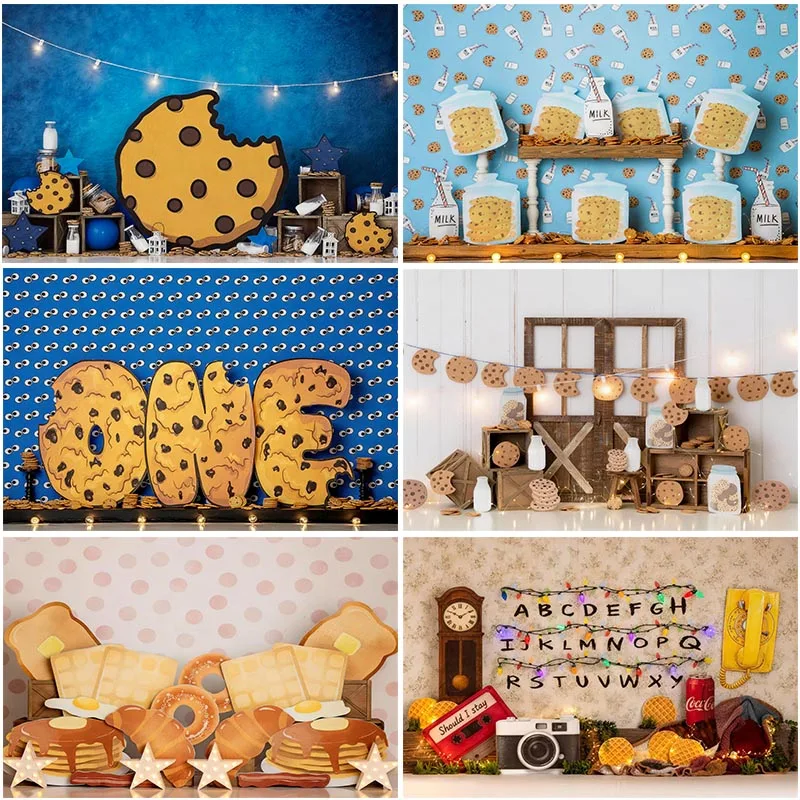 LS Cookies Milk Photography Background Wooden Door Blue Backdrops Children Birthday Party Cake Smash Photocall Photo Studio