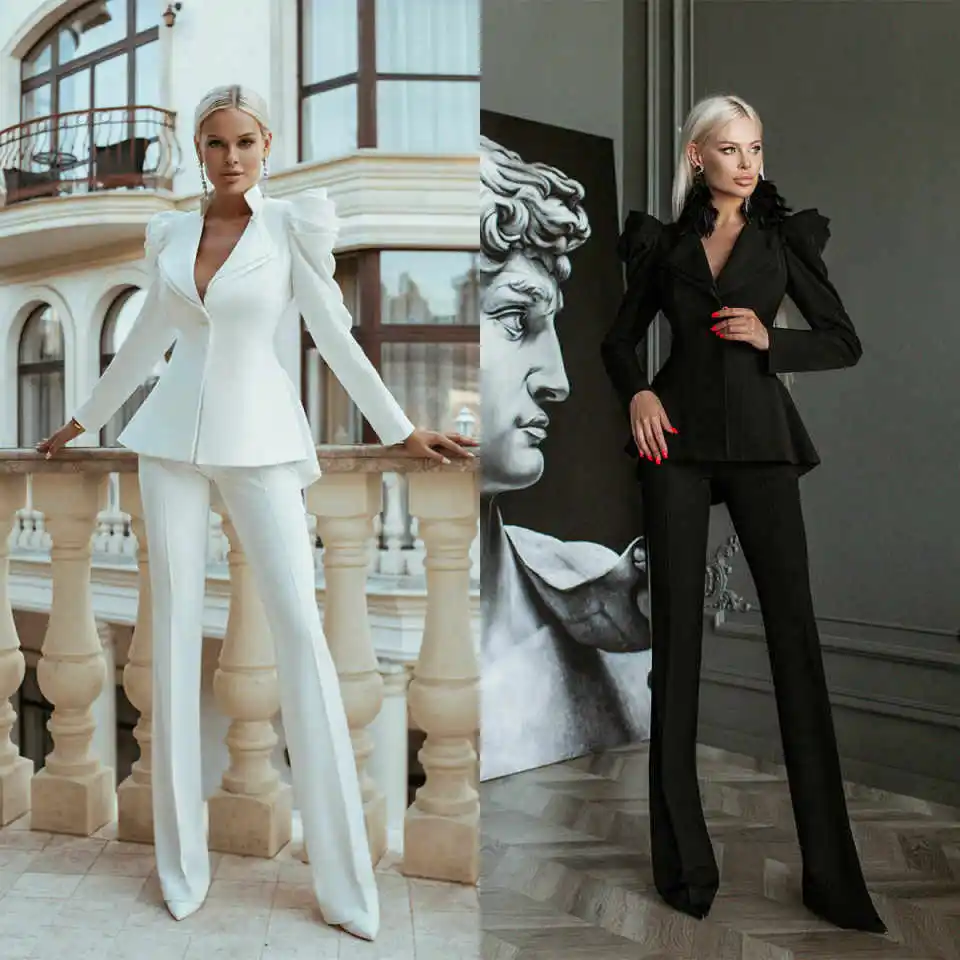 Puffy Sleeve Women Pants Suits Long Sleeve Ladies Prom Birthday Party Formal Wear Outfit 2 Pieces Customized Flared Trousers