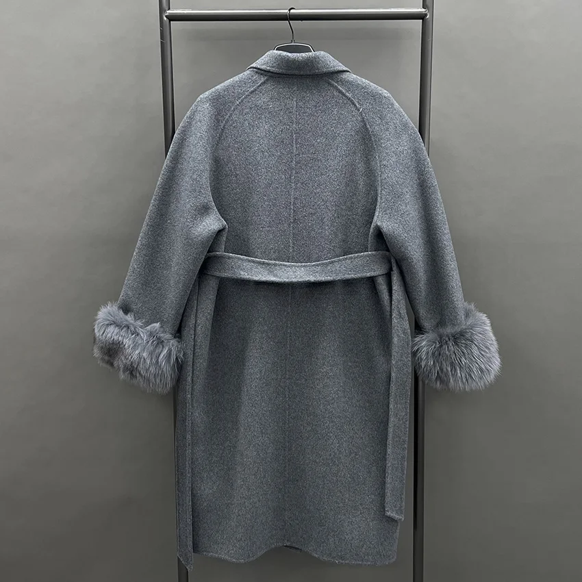 JANEFUR Women's Winter Wool Coat With Real Fox Fur Cuffs Autumn Warm Jacket New Arrival Ladies Wool Overcoat JFB4-25019
