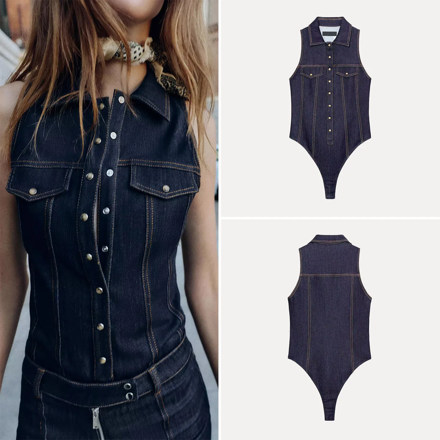 Z بدلة قفز نسائية من قماش الدنيم متعددة الاستخدامات وقصة ضيقة وخصر عالٍ ومستقيمة الساق، مريحة من نسيج عالي الجودة #1